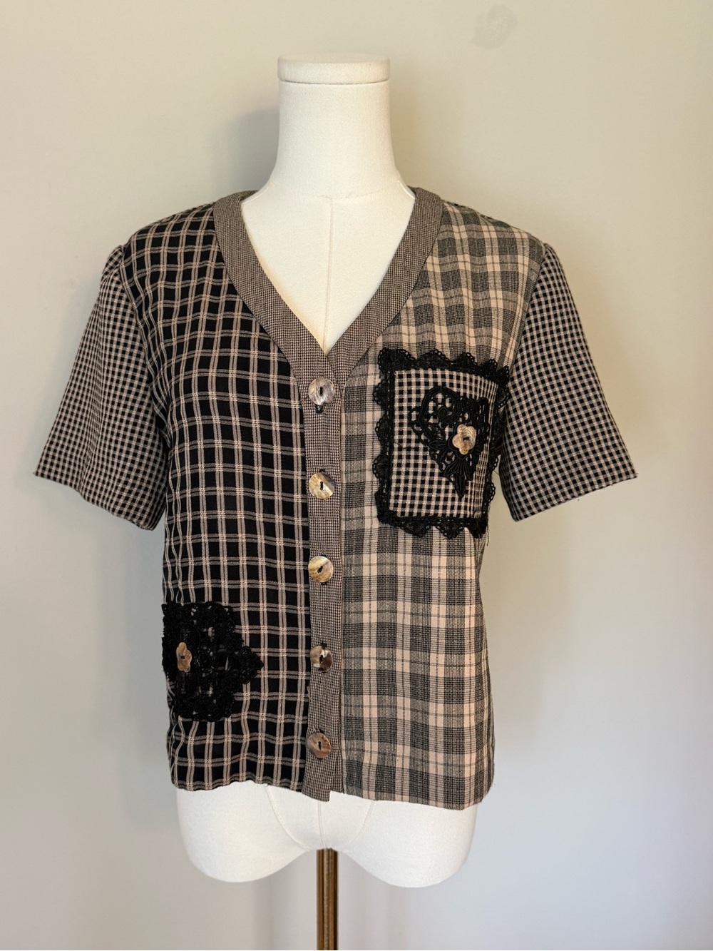 Vintage S.L. Fashions Patchwork Plaid Gingham Button Front Cottagecore Blouse